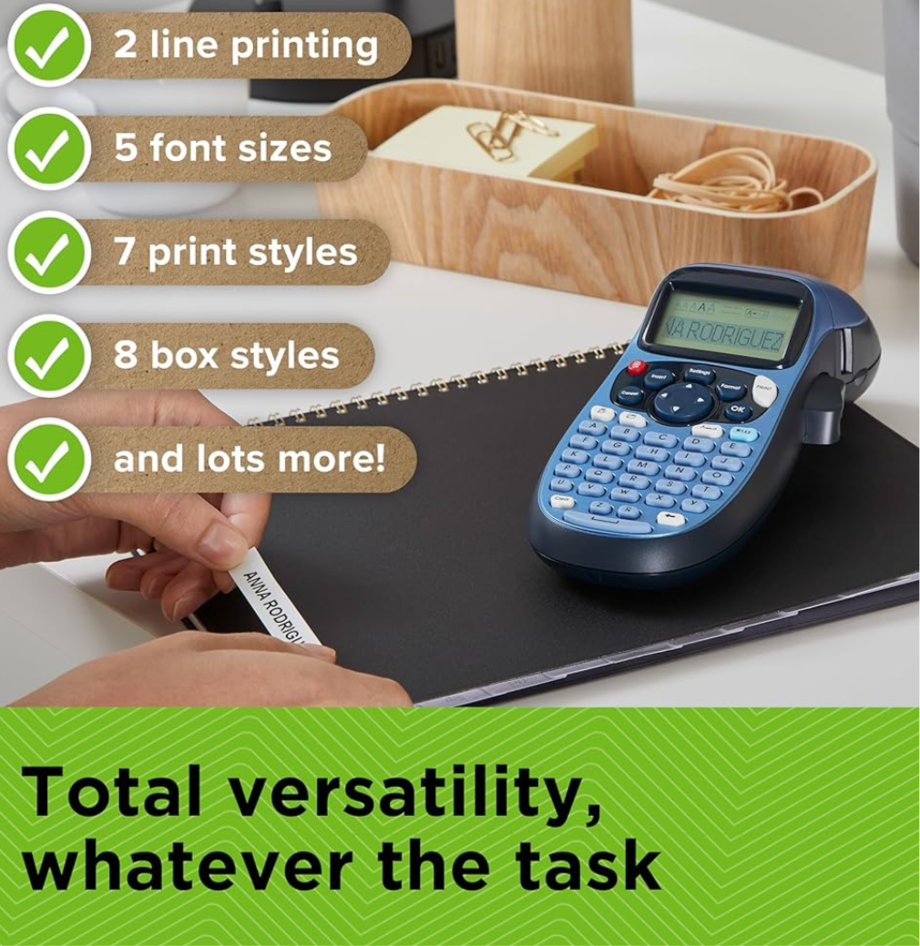 1) Dymo LetraTag LT-100H Handheld Label Maker & 1x Tape | ABC Keyboard Label Printer with Easy-to-Use, 13 Character LCD Screen | for Home or Office | Blue