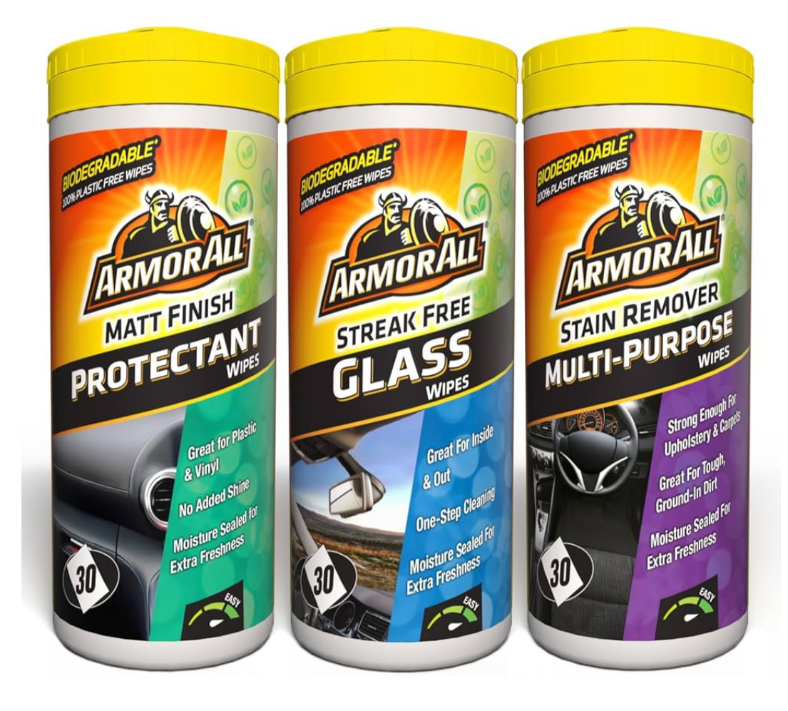 Armor All, Car Interior Cleaning Wipes, Triple Pack for Dashboard, Glass & All Around Interior, 90 Biodegradable Wipes (Set of 3x30 Plastic Free Wipes)