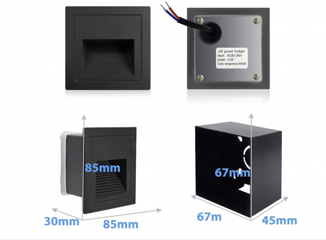 Arotelicht 4pcs/3W Wall Recessed Stair Lights LED,Warm White,Indoor Step Light,Square Recessed Wall Light,Black Cover Staircase Light IP20 for Indoor Stairs, Home, Kitchen, Attic