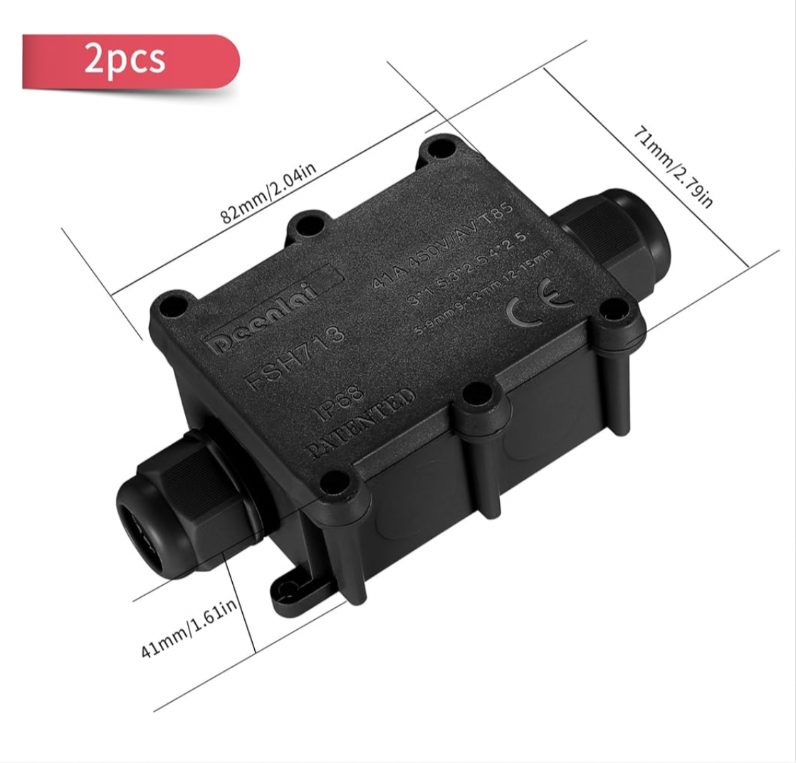 2 Pcs IP68 Waterproof Junction Box Outdoor, 2 Way Outdoor Electrical Cable Connectors, Waterproof Electrical Junction Box for 5-15MM Diameter Cable Connection Wire Connectors, Black