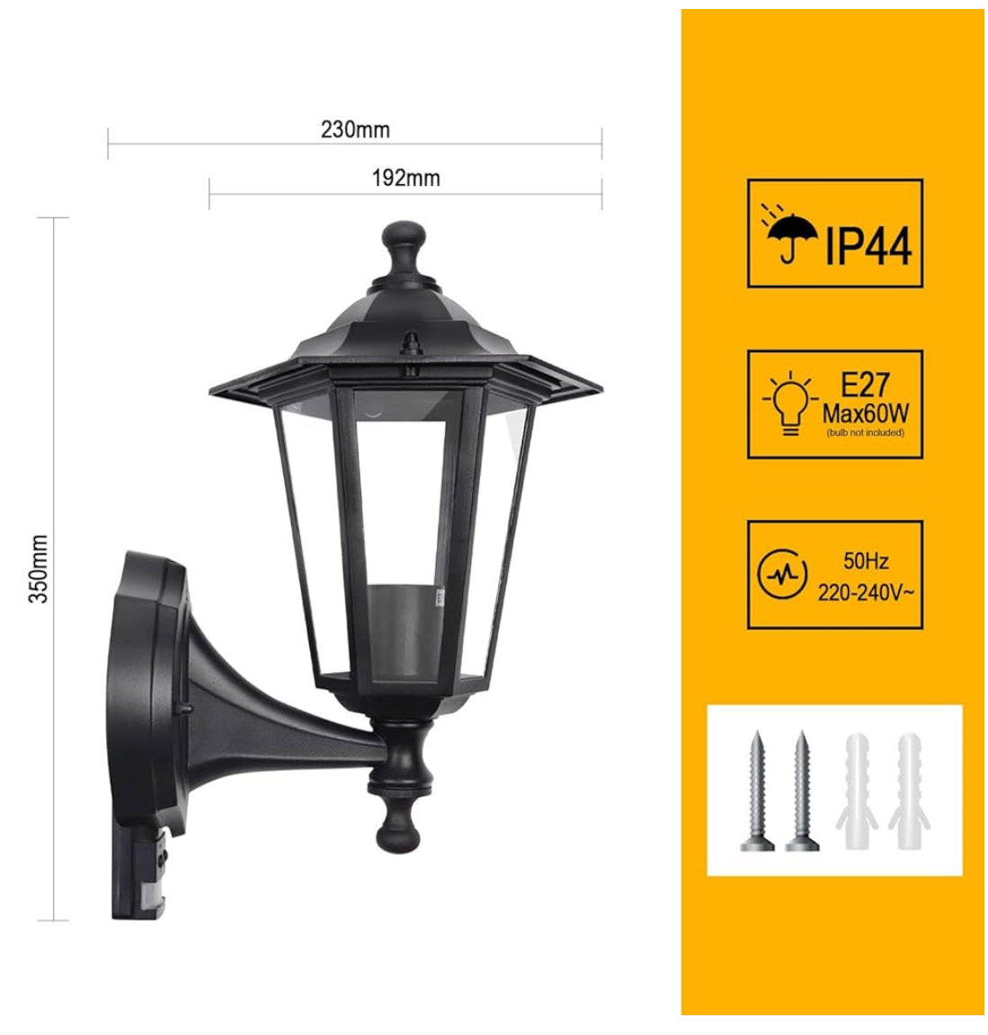 Outdoor 6 Sided Black Wall Lantern Security Light IP44 Weatherproof (includes warm white Lamp E27)