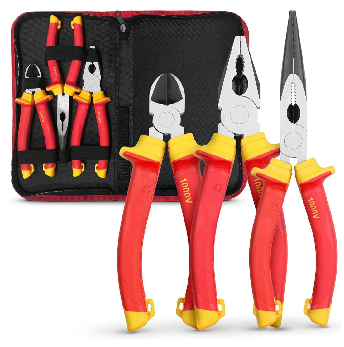 Effektwerk 3 pc Electricians Pliers Set, Insulated & VDE Tested for Safety, Heavy-Duty Combination, Long/Needle Nose & Side Cutters/Diagonal Cutting Pliers, Multi-Purpose Tools w/Comfort Grips