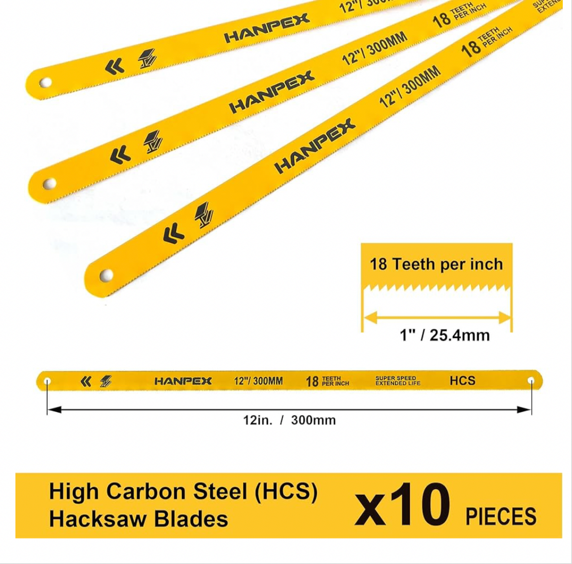 Hanpex Hacksaw Replacement Blades (10 Pack) High Speed 18 TPI - 12" Length Hack Saw Blade - High Carbon Steel (HCS) Cutting Blades