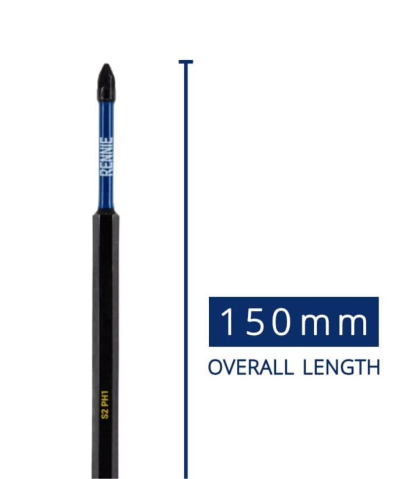 0) (Best Seller this month) Rennie 150mm Magnetic Impact Driver Bit PZ2 Extra Long PH1 Hex Shank - Black Oxide Coate