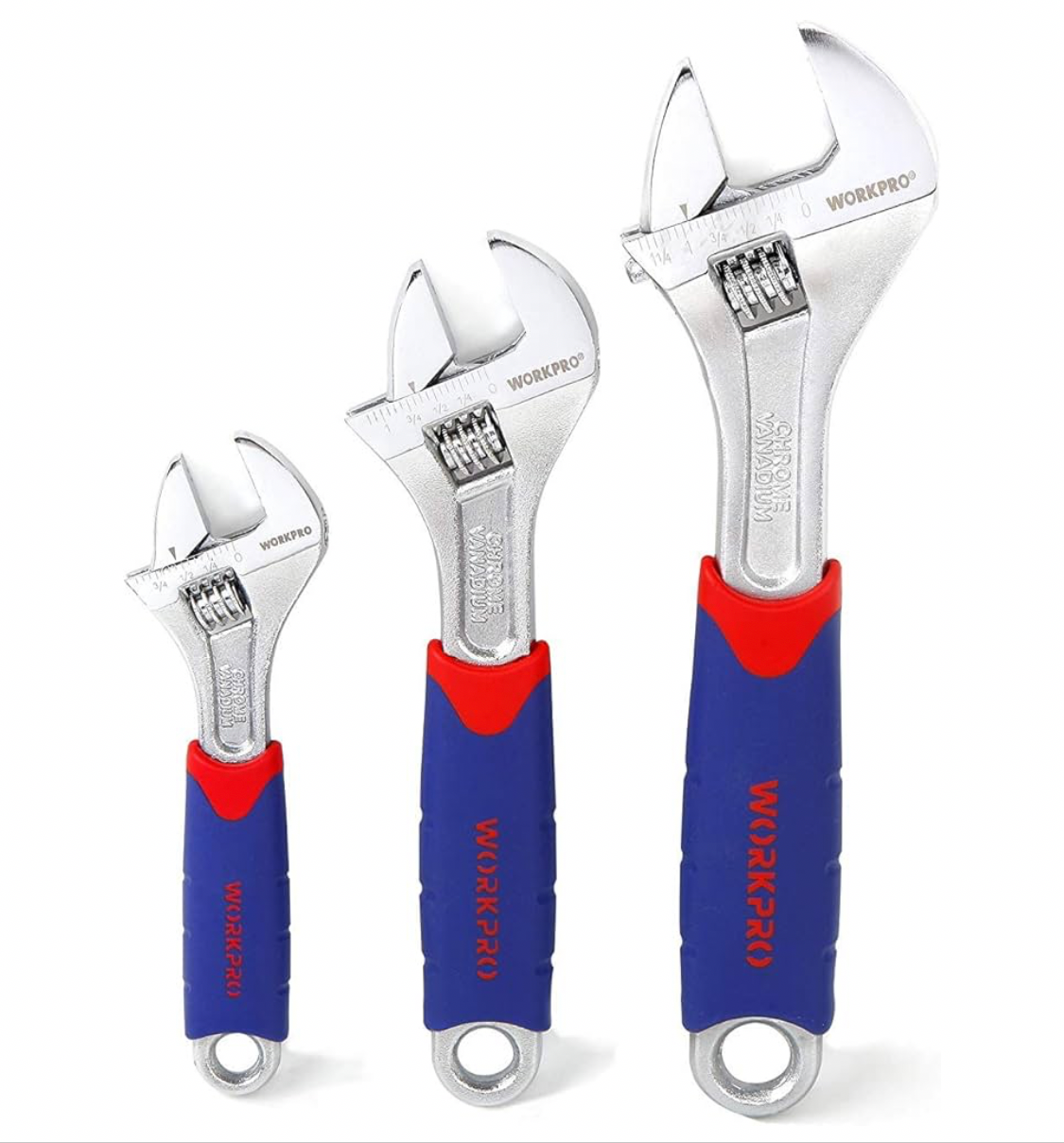 WORKPRO Adjustable Spanner Set 3-Piece, Metric and SAE Wrench Spanner, 6-inch(150mm), 8-inch (200mm),10-inch(250mm), Adjustable Spanner Wide Jaw, Soft Handle