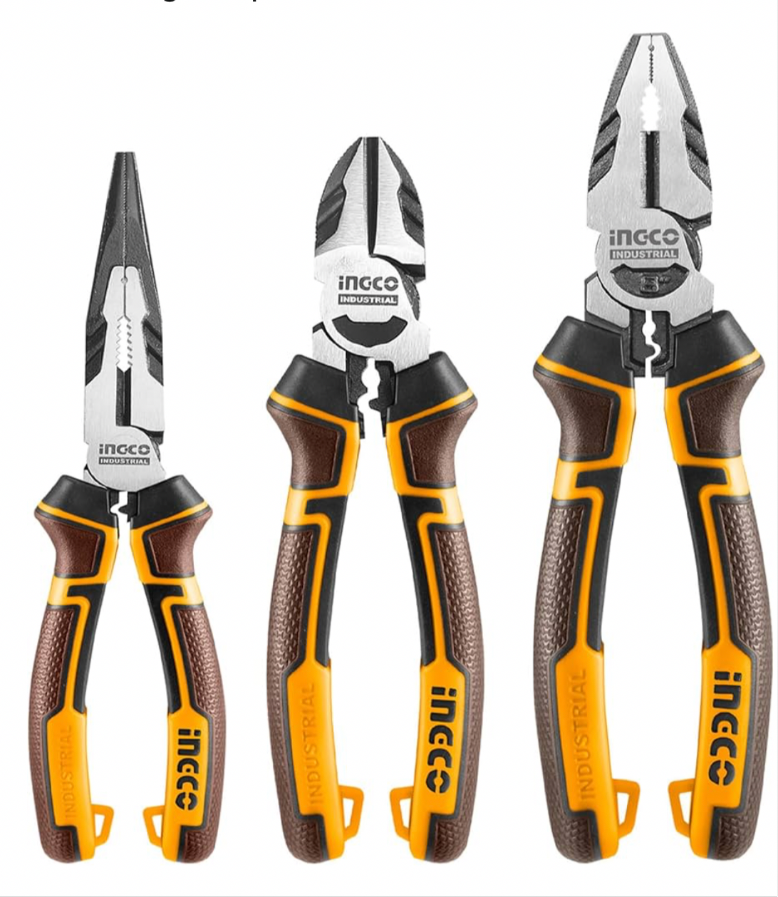 INGCO 3Pcs High Leverage Pliers Set, 8" Combination Pliers and 7" Diagonal Cutting Pliers and 6" Long Nose Pliers