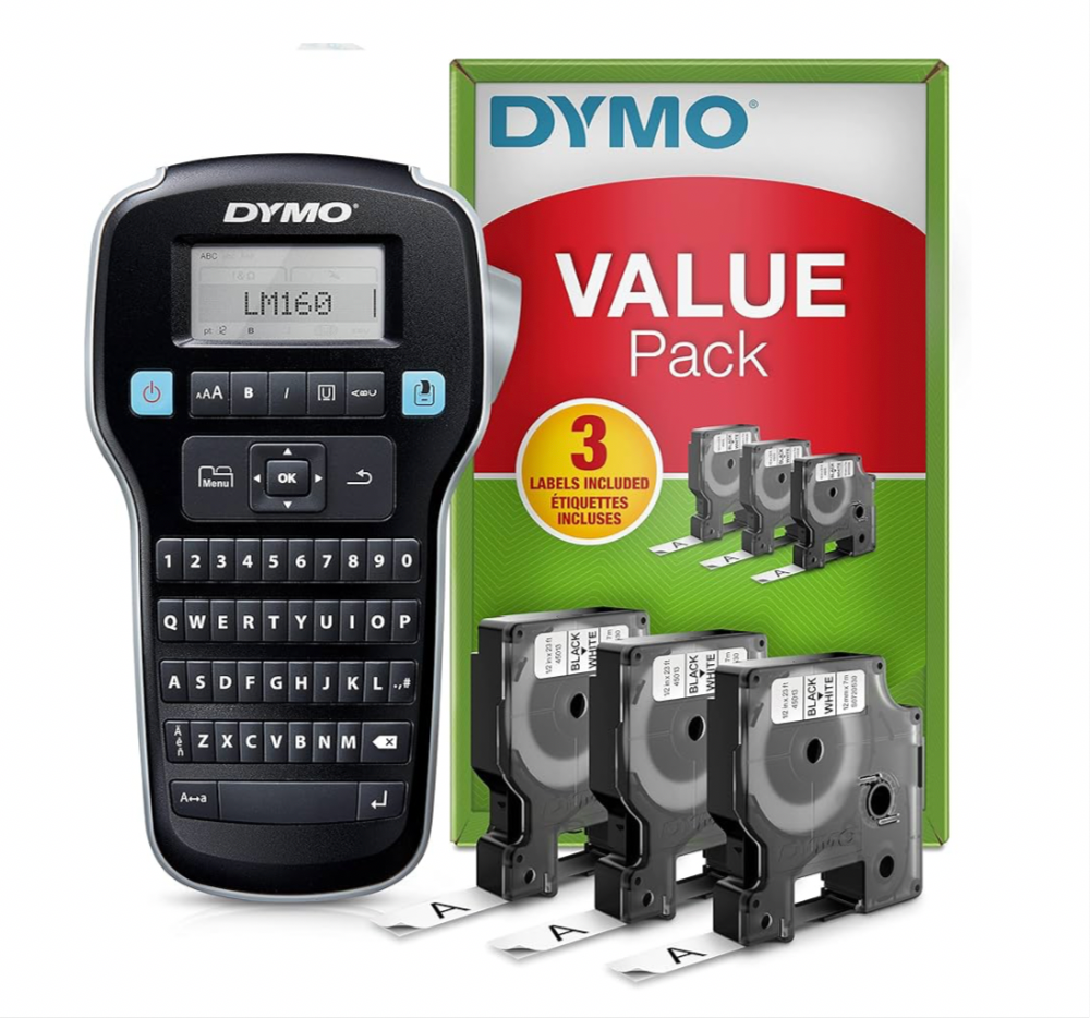 005) DYMO LabelManager 160 Label Maker Starter Kit with 3 Rolls of D1 Label Tape, Handheld Label Printer Machine
