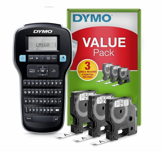 005) DYMO LabelManager 160 Label Maker Starter Kit with 3 Rolls of D1 Label Tape, Handheld Label Printer Machine