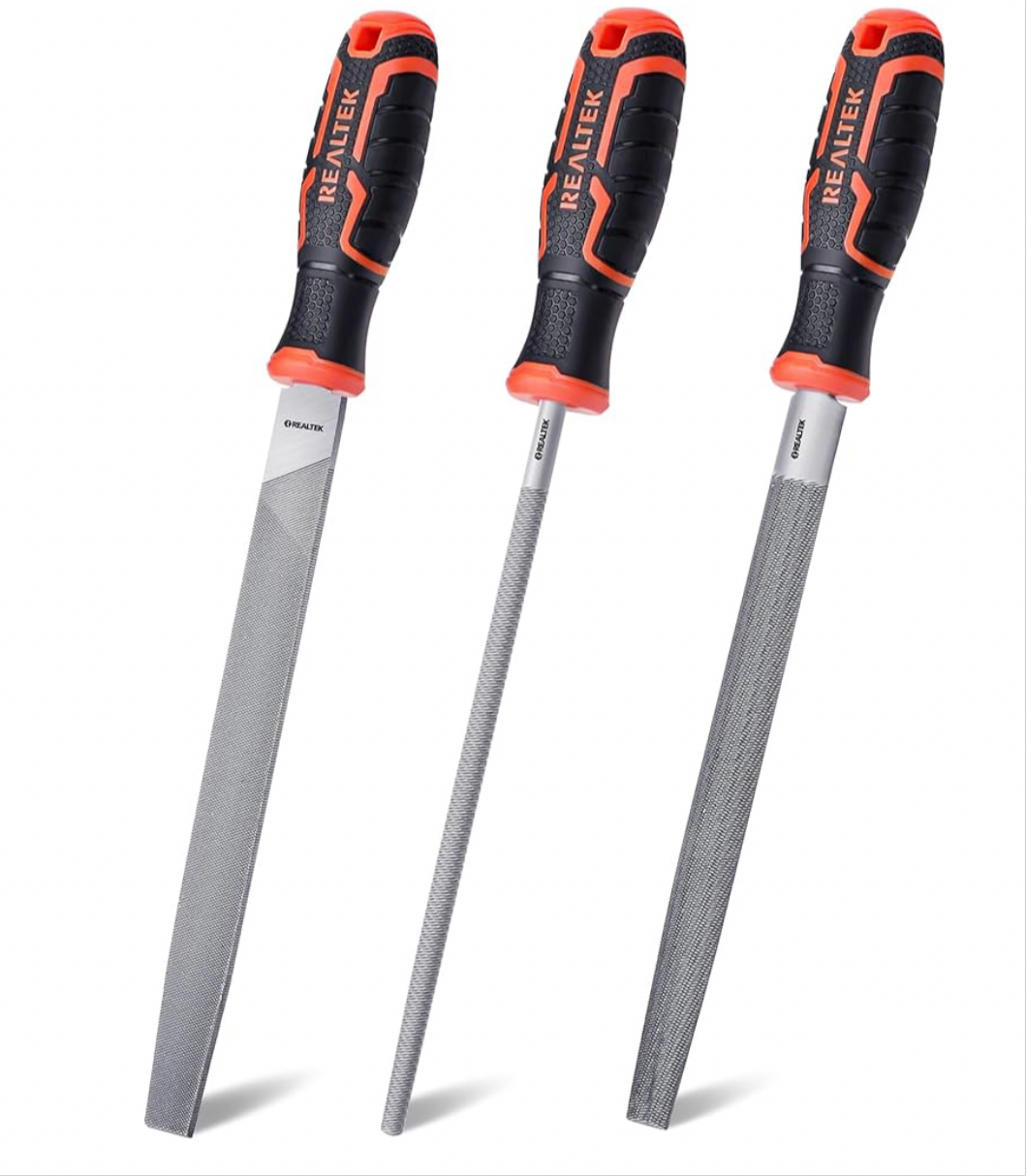 REALTEK Metal File Set 3-Piece, 12-inch Premium T12 Carbon Steel Double Sided Steel File, Includes Half-Round, Round Files, Flat Files, Sharpening File for Metal Fine Finishing