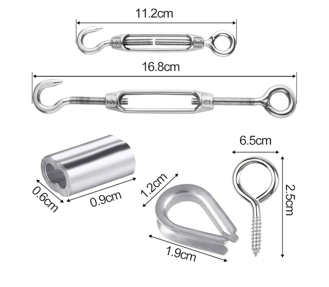 0) Catenary Wire 15mtrs - Garden Wire Metal Rope Kit -Stainless Steel M5 Turnbuckle Tensioner Cable