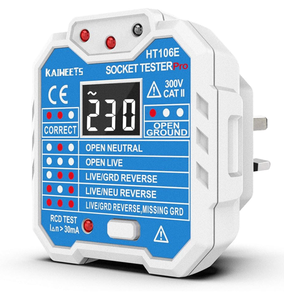 1) KAIWEETS HT106E Socket Tester UK, RCD Plug Socket Tester Electrical Voltage Tester with LCD Display for Neutral/Live/EarthWire/RCD Testing, CAT II 300V, Includes 7 Visual Indications and Wiring Legend