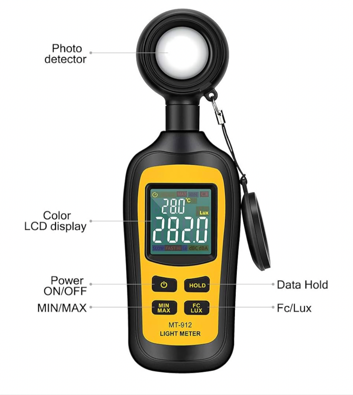 0) Handheld Digital Light Meter Ambient Temperature Measurer with Range up to 200,000 Lux with 4 Digit Color LCD Screen (Black)