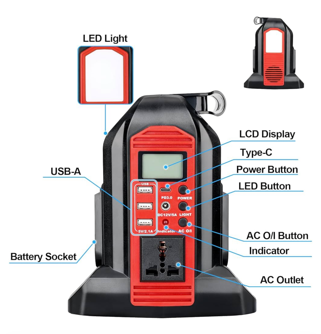 999) 350W Power Inverter for (Compatible with Milwaukee) m18 18v Battery, 4-Ports DC 18V to AC 220V Pure Sine Wave Inverter with 3 USB-A & 1 USB-C Port, 300LM LED Light for Camping Emergency(Tool Only)