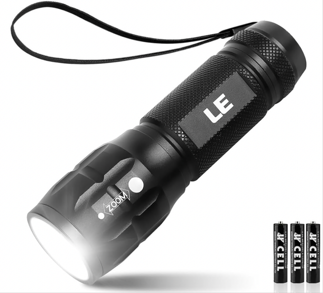 LE LED Torch Battery Powered, LE1000 Super Bright Hand Flashlight, Adjustable Focus, Water Resistant, Lightweight Small Torch