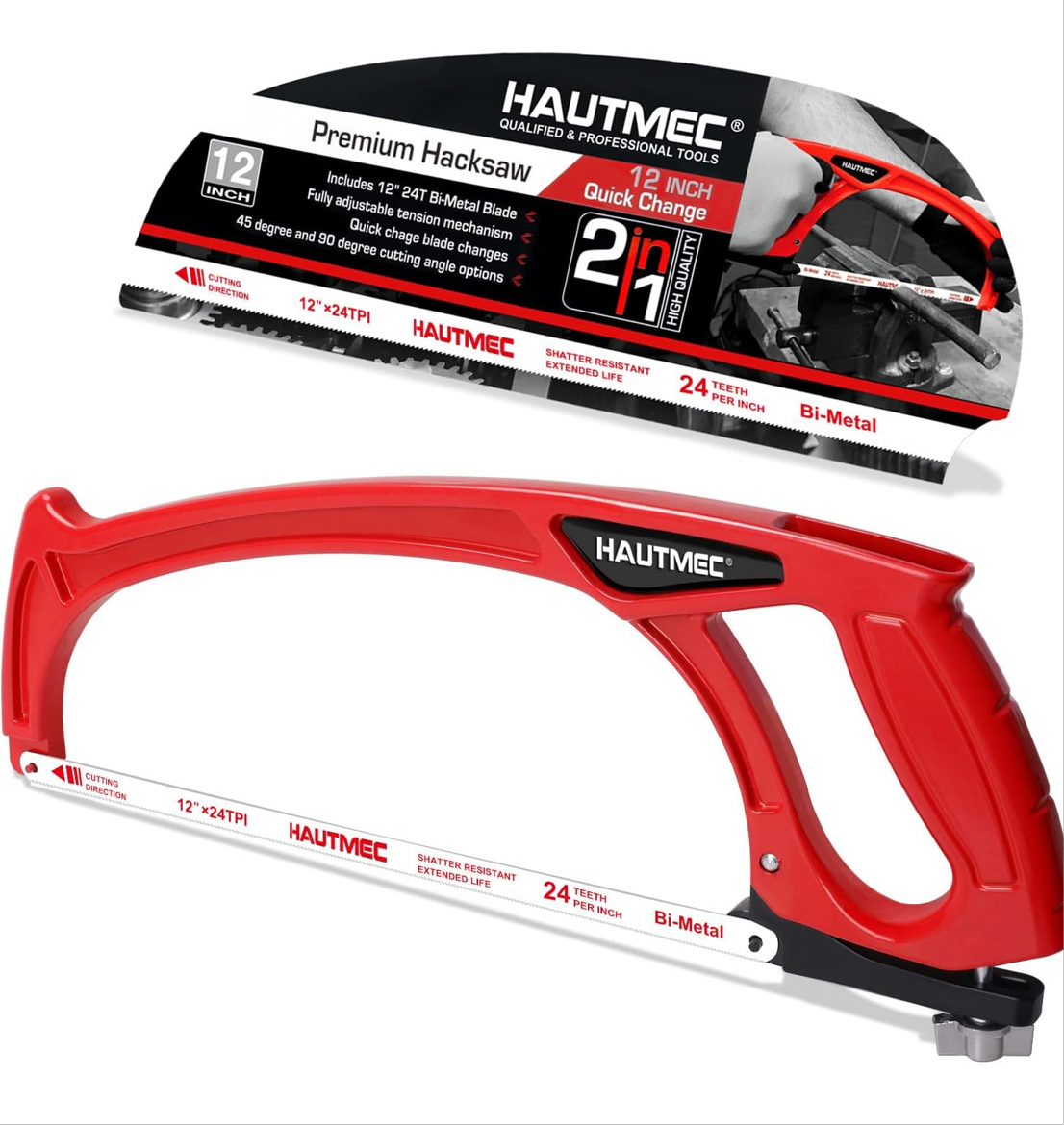 HAUTMEC 300mm Pro 2-in-1 Hacksaw Frame, One-Piece Die-cast Aluminum Structure, with 24 TPI Bimetal HSS High Tension Blade HT0101-UK