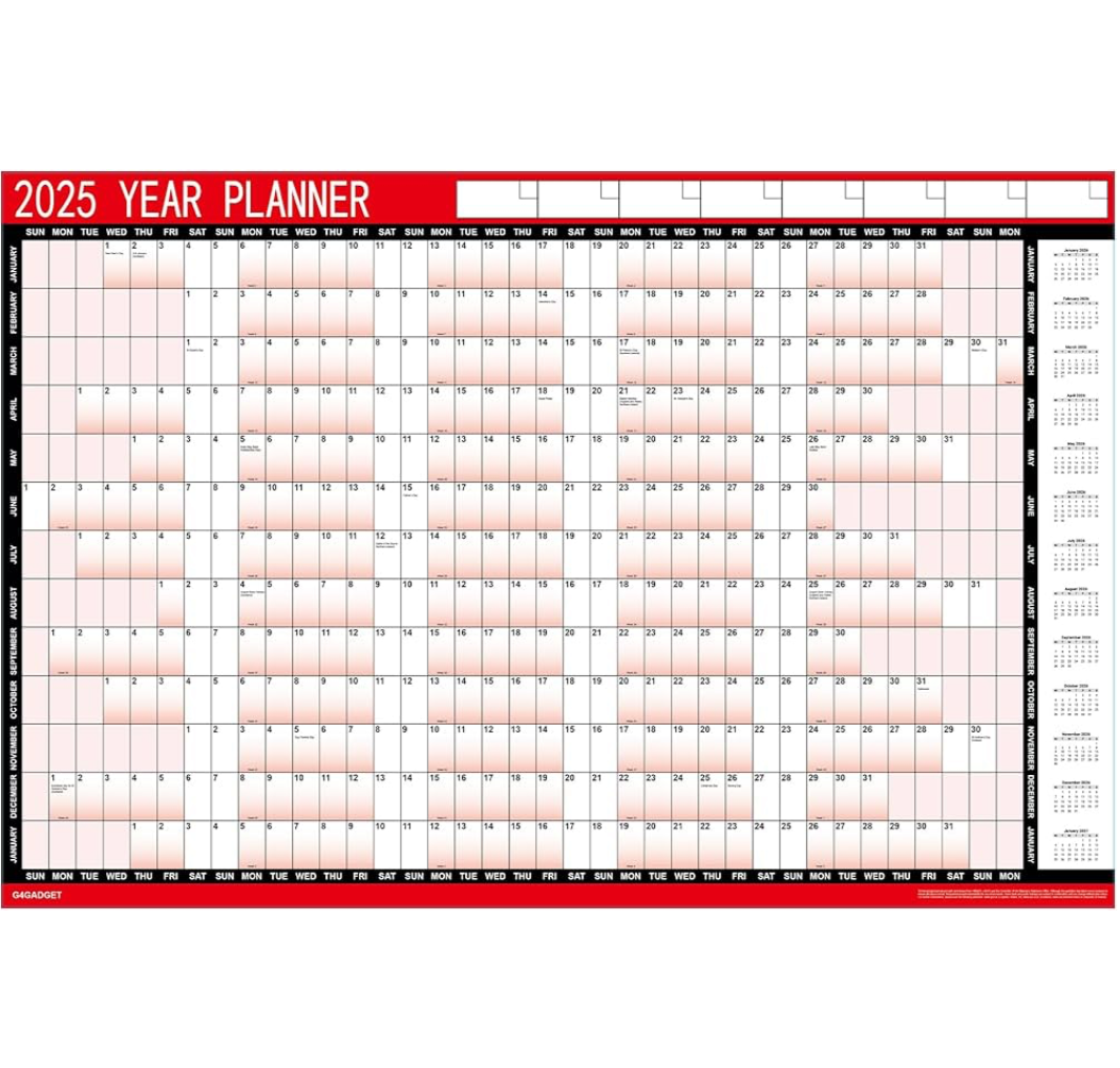 3) 2025 Wall Planner A1 Large 85cm X 58cm Laminated With Stickers And Dry Wipe Pen