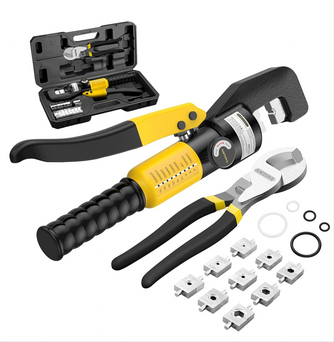 AMTOVL Hydraulic Crimping Tool - 8 US TON Hydraulic Crimper with Cable Cutter, Hydraulic Cable Lug Crimper 12AWG to 2/0 with 9 Dies