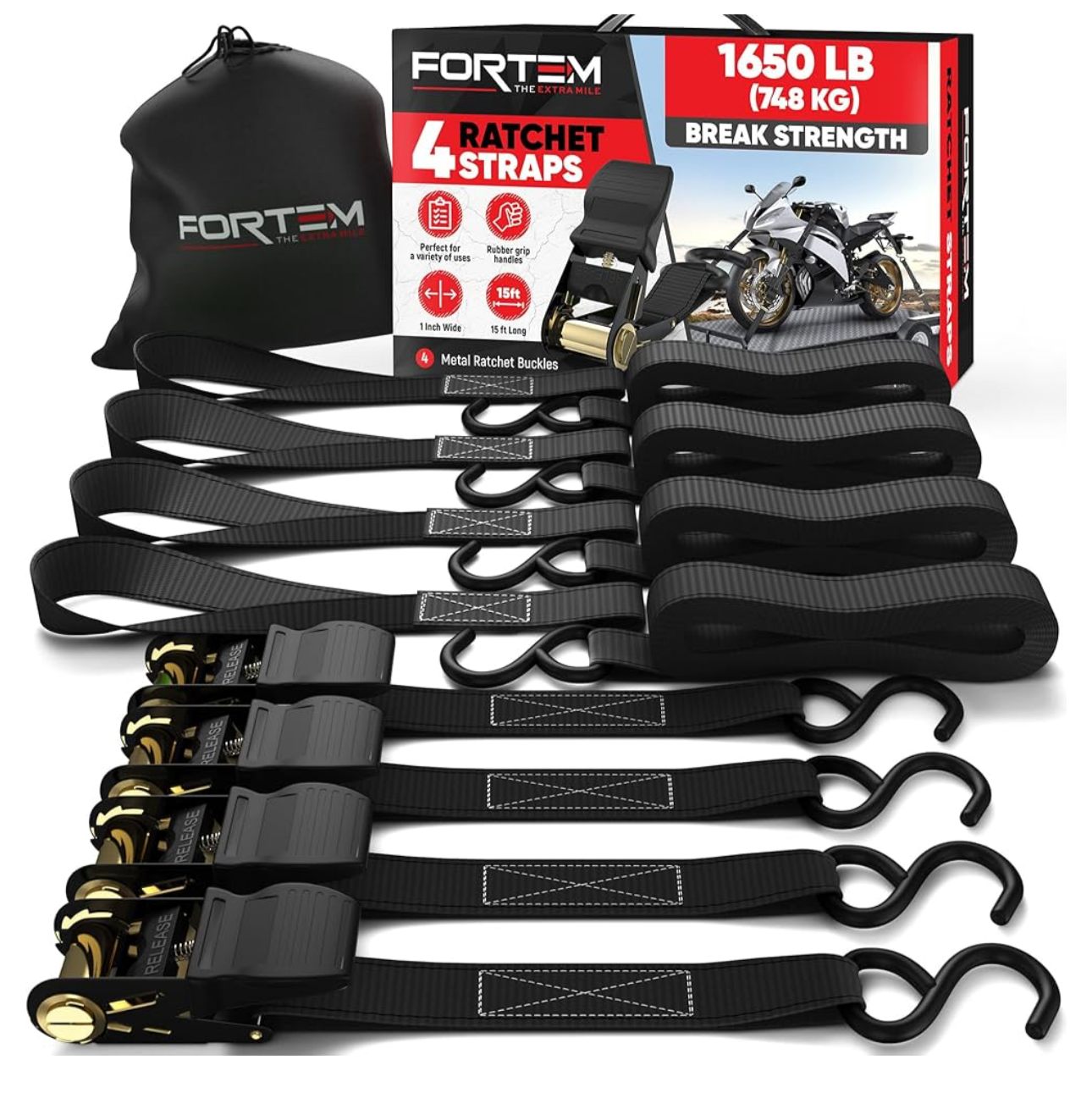 1) RHINO RATCHET TIE DOWN STRAPS (Set of 4) - 800 kg Max Break Strength, 2.5cm x 4.6m Tie Downs with Hooks (4pcs) - Strap for Ski Bike Furniture Moving & Securing Cargo - Black