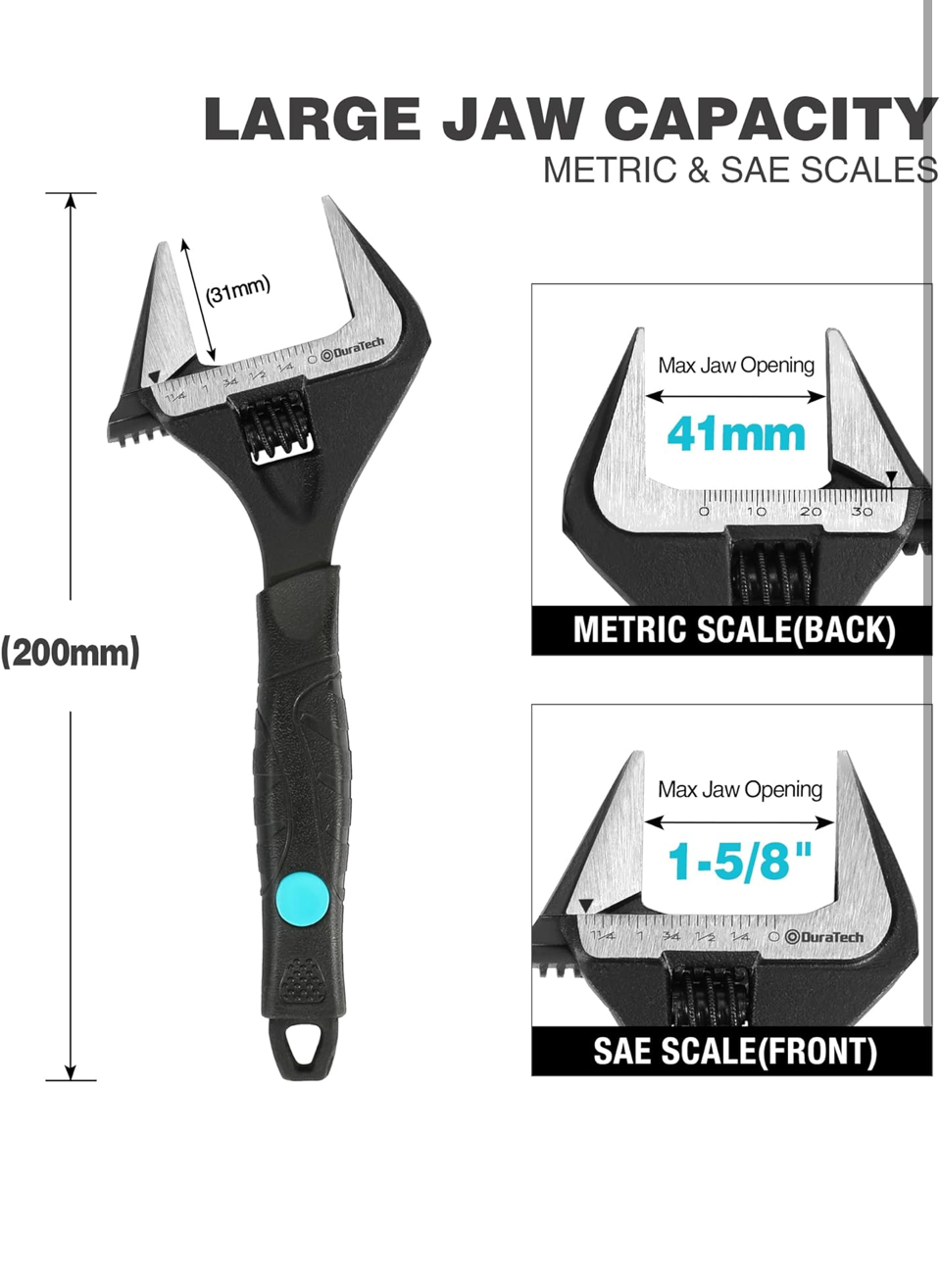 0) DURATECH 8-Inch/200mm Adjustable Wrench, Wide Jaw Large Opening
