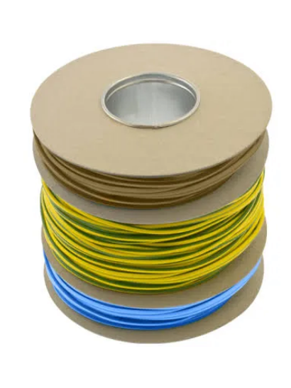 01) Unicrimp - 100M X 2MM PVC MULTI-REEL MIXED SLEEVING - 20M BLUE, 20M BROWN & 60M GREEN & YELLOW