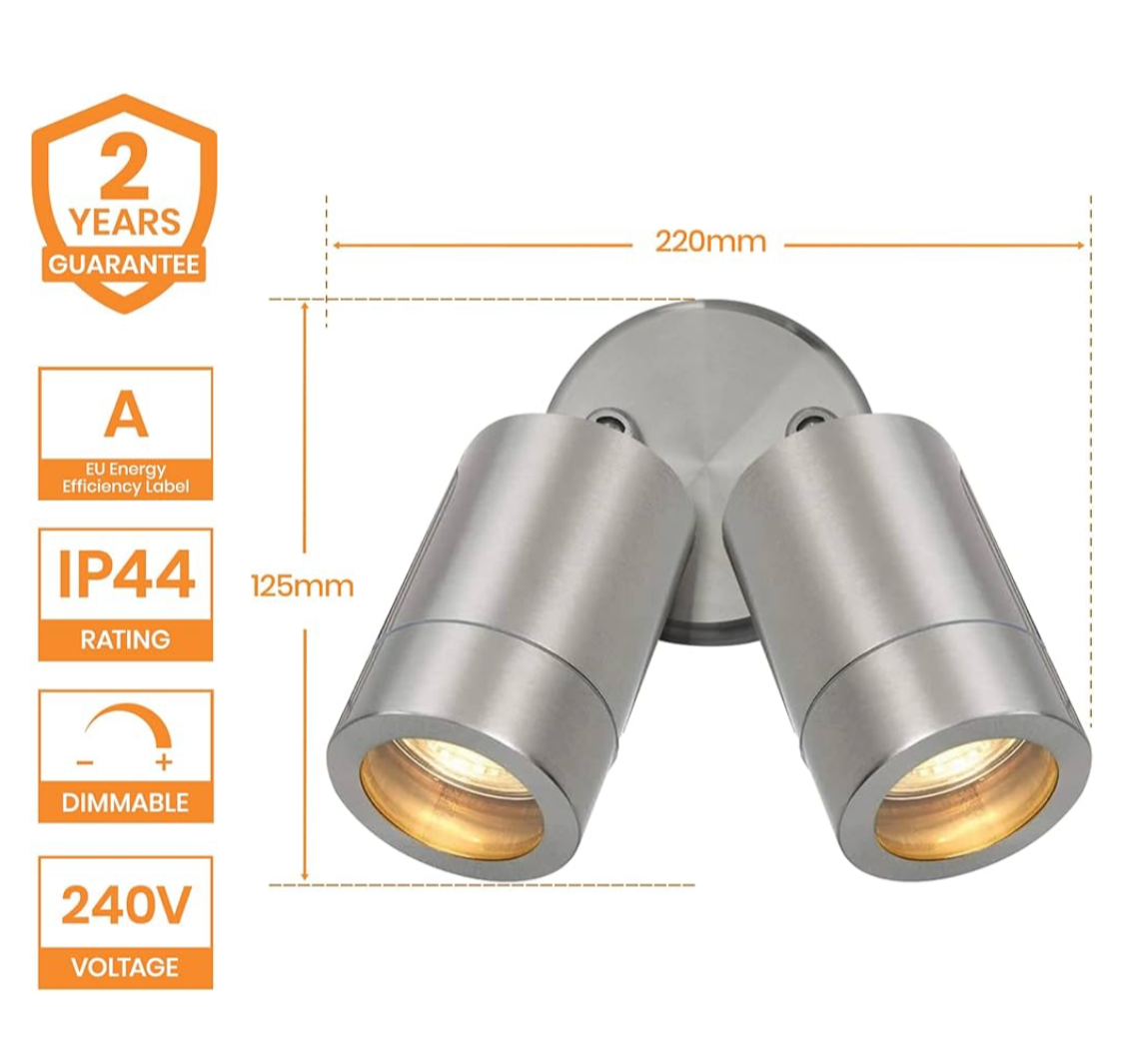 IP44 Rated Outdoor Twin Spotlights, Brushed Stainless Steel Adjustable Tilt Outside Lights, Mains Powered Security Spot Lights, 2X 7W 240V LED GU10 (Not Included)