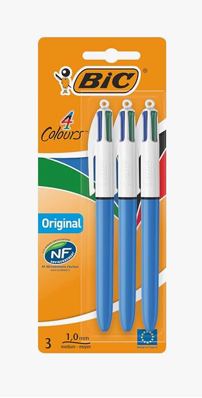 1) BIC Colours Pens, Multi Coloured Pens All In One, Green, Blue, Red, Black, 3 Pens Per Pack, 1 Pack