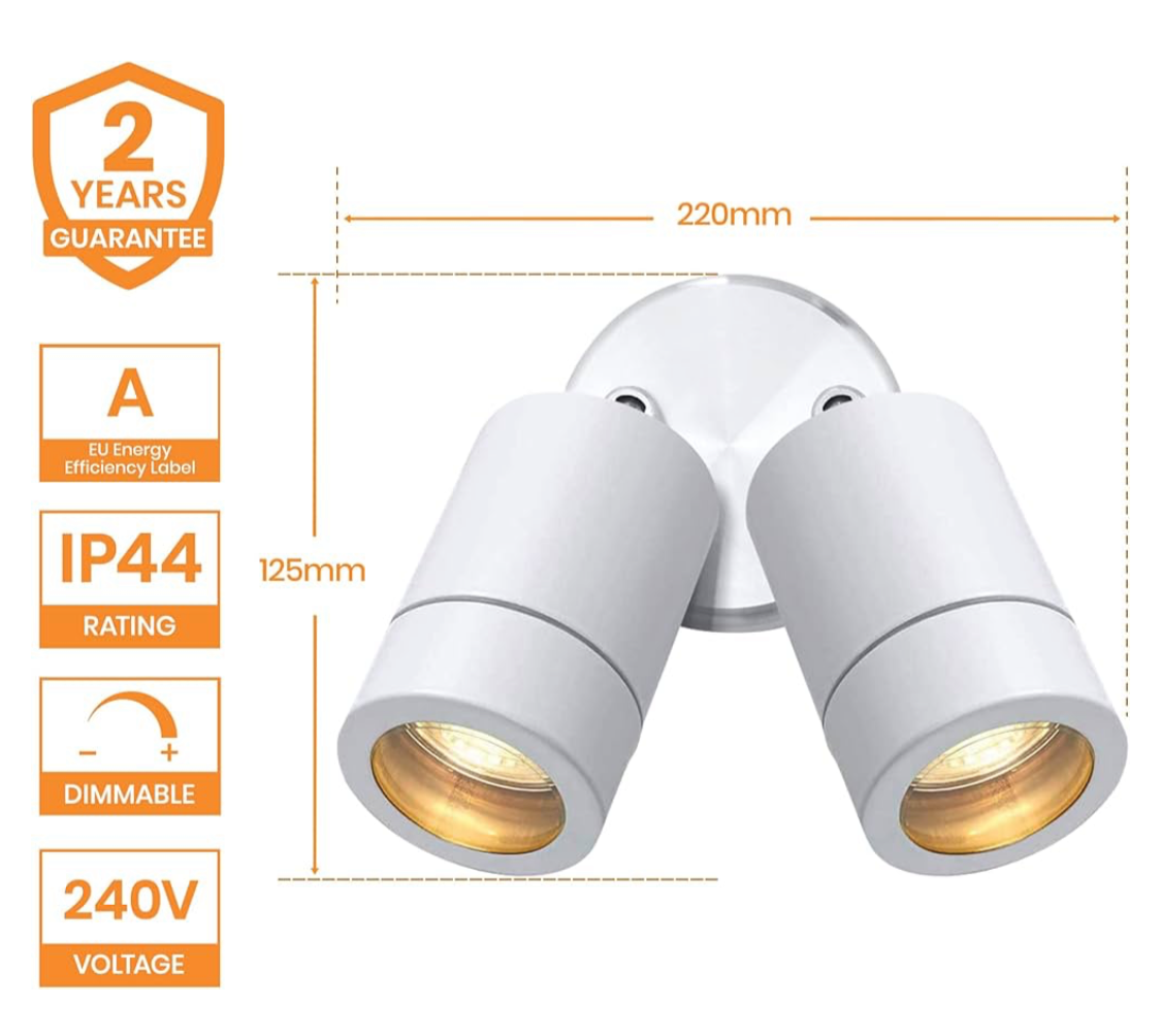 IP44 Rated Outdoor Twin Spotlights, Gloss White Steel Adjustable Tilt Outside Lights, Mains Powered Security Spot Lights, 2X 7W 240V LED GU10 (Not Included)