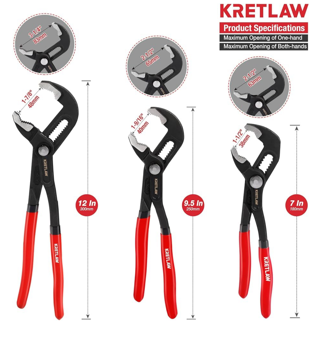 KRETLAW 3-Piece Groove Joint Pliers Set (300mm & 250mm & 180mm), Quick-Adjustable Water Pump Pliers,Cr-V V-Jaw Tongue and Groove Pliers