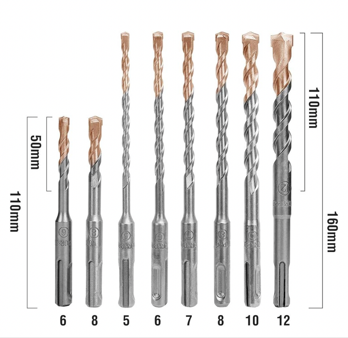 WORKPRO 8-Piece SDS Plus Rotary Hammer Drill Bit Set, Metric Drill Bit, Carbide Tip, for Brick, Concrete, Stone and Cement - Storage Case