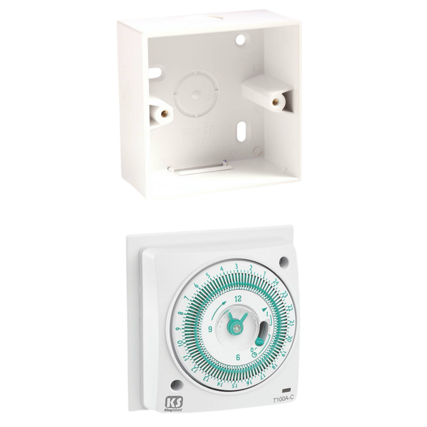 1) 24hr Timeclock, 42mm PVC Surface Box, 4x Screws & 20mm Stuffing Gland x1