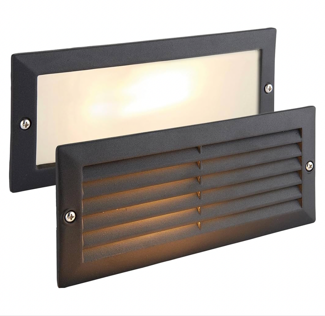 Outdoor Black Aluminium & Frosted Glass Brick Light with Grille and Plain Front Panels - IP44 Rated