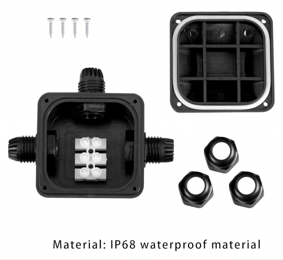 4X Waterproof Junction Boxes, Black IP68 3-Way Cable Connectors, Ø5.5mm-10.2mm Outdoor Lighting Cable Junction Box