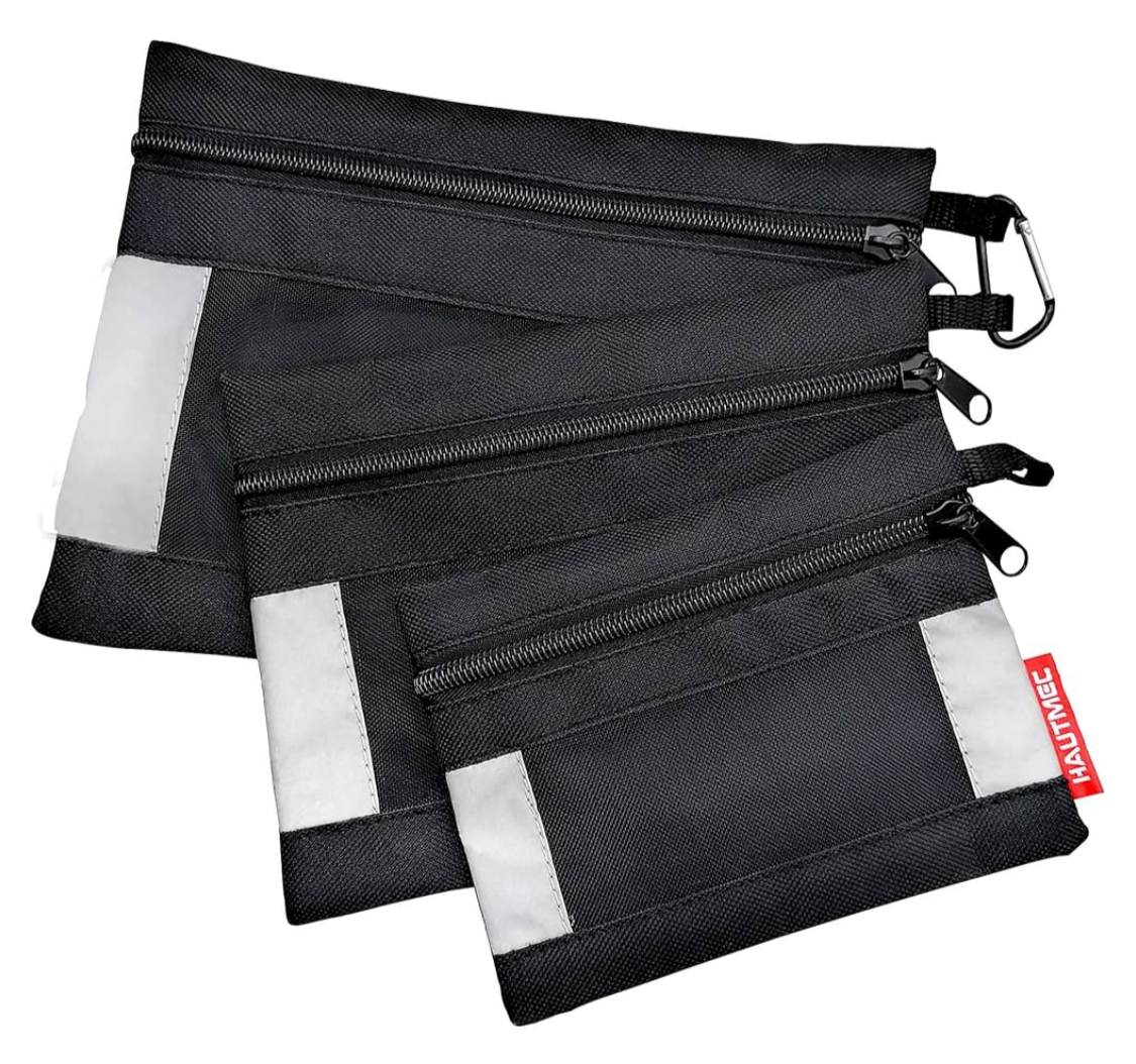 01) HAUTMEC 3 Pieces Small Tool Pouch, Multi Function Zippered Tool Poly Bag with Mesh Window, Heavy-Duty Clip