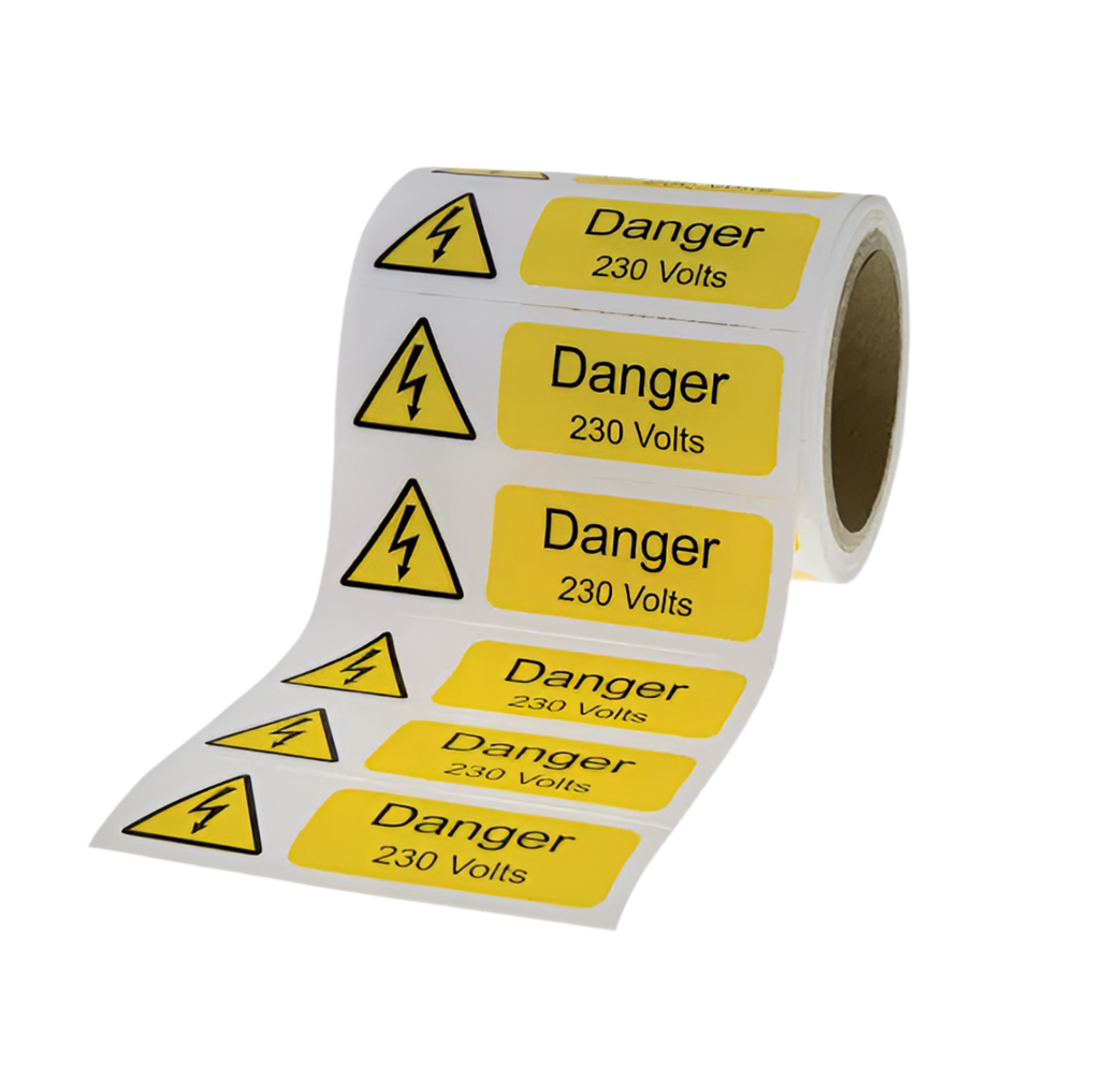 2) DANGER 230V STICKERS 75 X 25MM SELF ADHESIVE LABEL ROLL OF 250