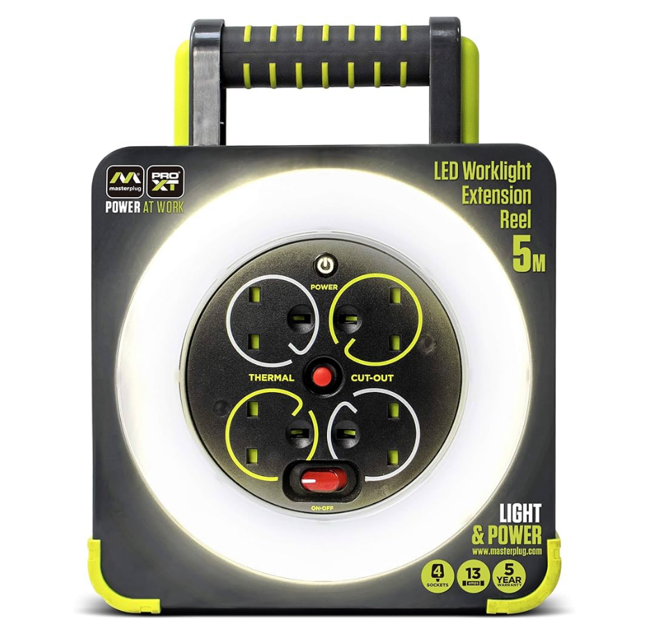 2) Masterplug Led Light and Sockets WLU05134SL-PX Pro-XT Four Socket LED Work Light Extension Reel with Fold Out Stand, Thermal Cut Out and Power Switch, 5 metre High Visibility Cable, 13 Amp, Grey, 28.35 cm*9.1 cm*22.0 cm