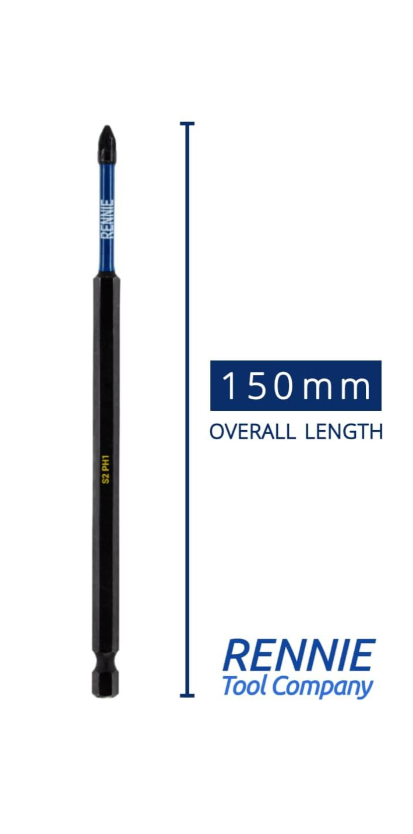 0) (Best Seller this month) Rennie 150mm Magnetic Impact Driver Bit PZ2 Extra Long PH1 Hex Shank - Black Oxide Coate
