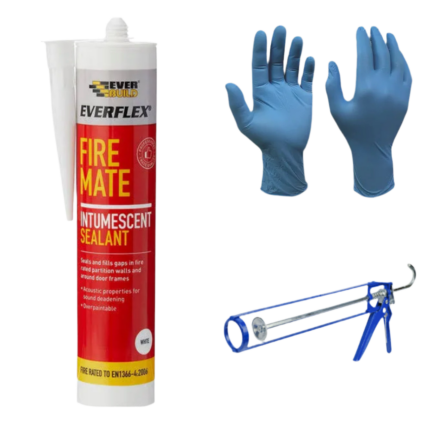 1) Fire Mate Intumescent Acrylic Sealant - Fire Rated (White) , Mastic Gun & Plastic Gloves x10