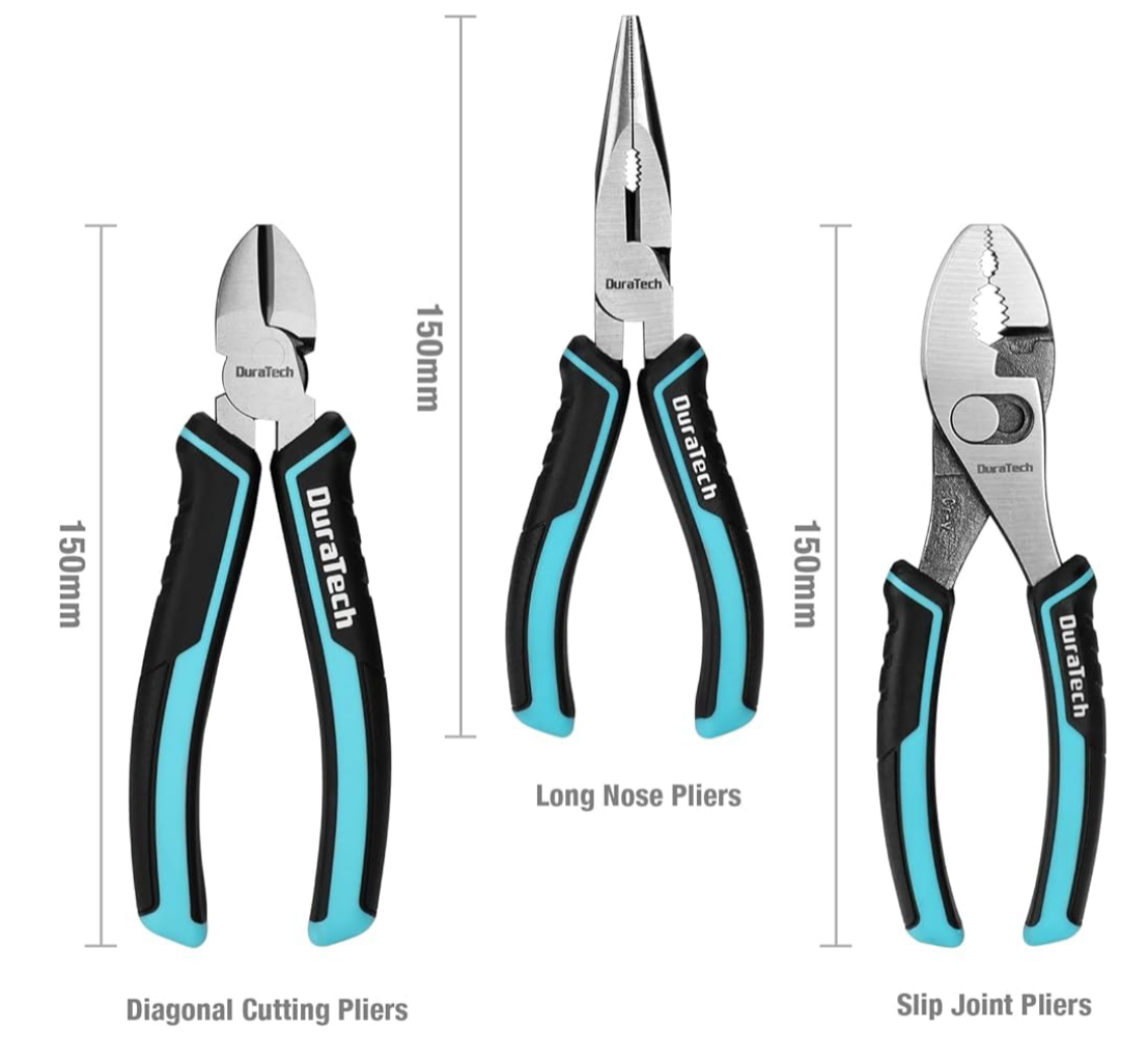 DURATECH 3Pcs Pliers Tool Set, 150mm Long Nose Pliers, Diagonal Cutting Pliers and Slip Joint Pliers