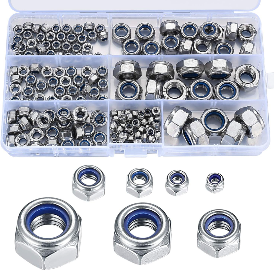 1) 165 Pcs Locknut Assortment, Stainless Steel Lock Nuts, M3 M4 M5 M6 M8 M10 M12 Threaded Inserts Hex Nut Set, Assorted Nylon Locking Nuts