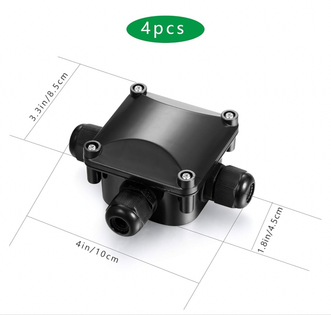4X Waterproof Junction Boxes, Black IP68 3-Way Cable Connectors, Ø5.5mm-10.2mm Outdoor Lighting Cable Junction Box
