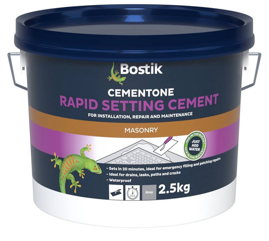 1) Cement Ready Mixed for Outdoor Use, Waterproof, Quick Drying - Concrete Mix Bundle - Cementone Rapid Setting Cement Mix 2.5kg with 5" Pointing Trowel, Gloves and Tips Card