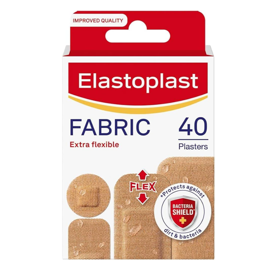 1) Elastoplast Extra Flexible Fabric Plaster Strips (40 Pieces), Extra Flexible Fabric Plasters, Breathable Plasters, Flexible Large Plasters, Water-Repellent plasters, Strong Adhesion, Tan