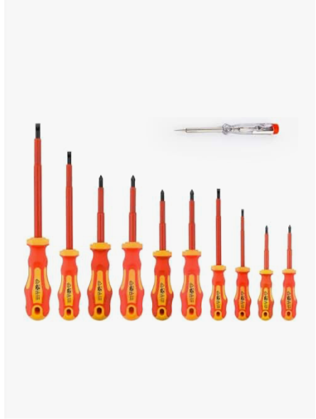 9) 11 Pieces VDE Insulated Screwdriver Set, 1000V with Black Tip Magnetic, TPR Handle Electrician Soft-Grip Slotted
