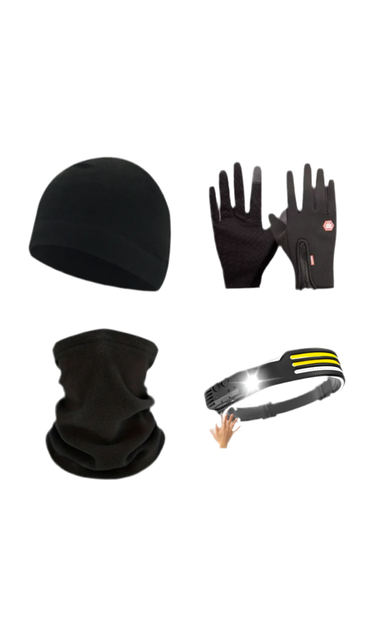 1) WINTER PACK - Head Torch, Beanie, Neck Warmer & Gloves