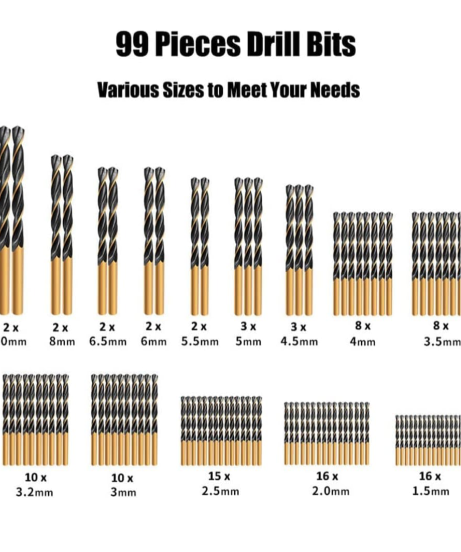 99Pcs HSS Titanium Coated Twist Drill Bit Set, 135° Tip High Speed Steel Drill Bits Kit with Storage Case for Drilling in Wood/Cast Iron/Aluminum Alloy/Plastic/Fiberglass Size from 1.5-10mm