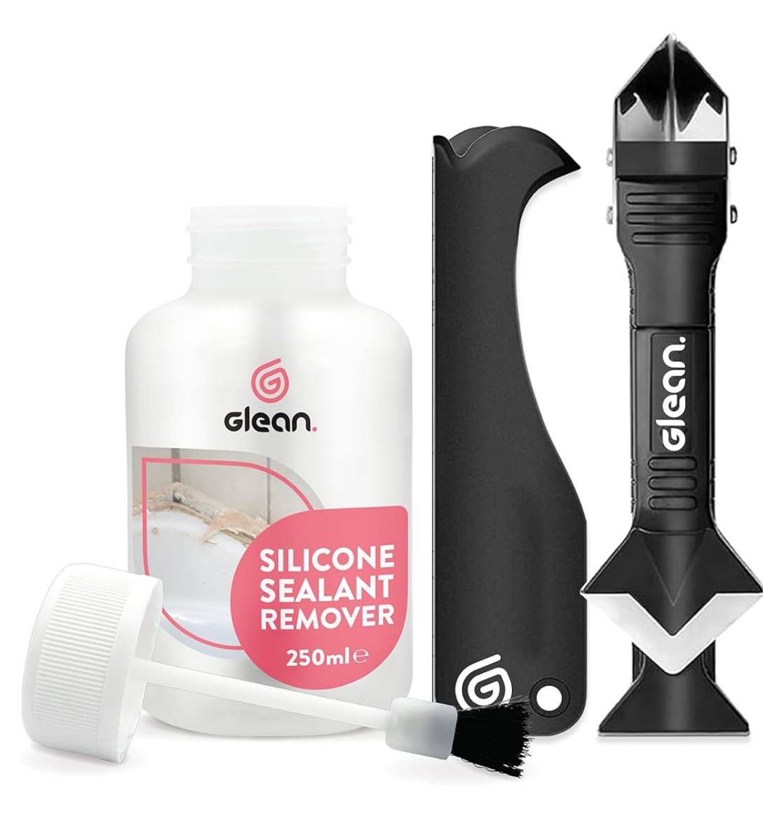 GLEAN Silicone Sealant Remover Gel & Silicone Remover Tool | 250ml | 10Pc Grout Sealant Remover Tool Set | Bathroom Sealant Remover | Sealant Remover Tool | Silicone Tool Finishing | 3-in-1 Caulk Tool