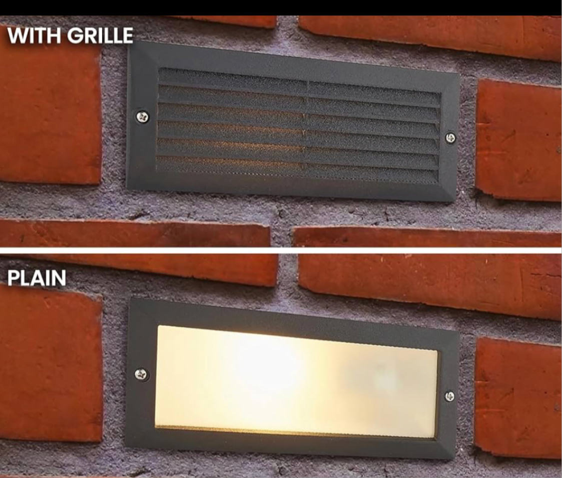 Outdoor Black Aluminium & Frosted Glass Brick Light with Grille and Plain Front Panels - IP44 Rated