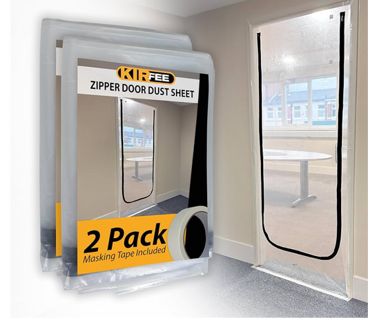 02) KIRFEE 2 Pack Plastic Door Covers for Interior Doors | Dust Door Sheet with Zip 1.2m x 2.2m - Includes Masking Tape