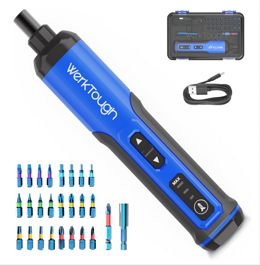 Werktough 4v Mini Electric Cordless Screwdriver with 3-Gear Torque, 5Nm Power, 25pc Screwdriver Bits S2, LED Light USB Charging
