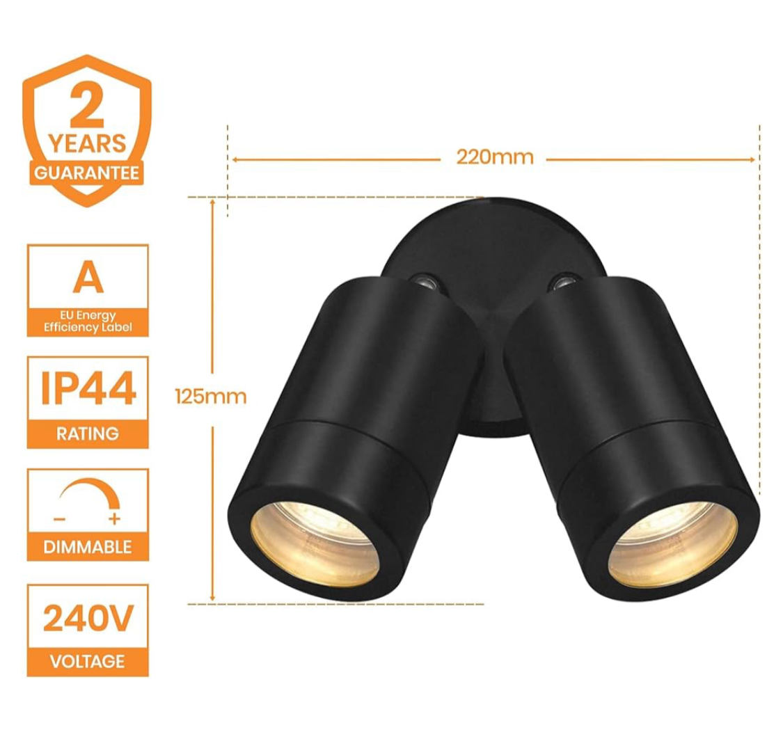 IP44 Rated Outdoor Twin Spotlights, Matt Black Steel Adjustable Tilt Outside Lights, Mains Powered Security Spot Lights, 2X 7W GU10 240V LED (Not Included)
